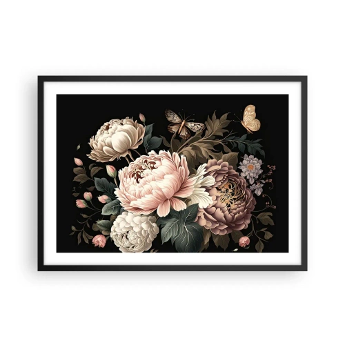 Poster in einem schwarzem Rahmen - Ein Strauß rosa Blumen und Schmetterlinge auf schwarzem Hintergrund - 70x50cm - Im Barockstil - Moderne Wanddekoration für Wohnzimmer und Schlafzimmer ARTTOR