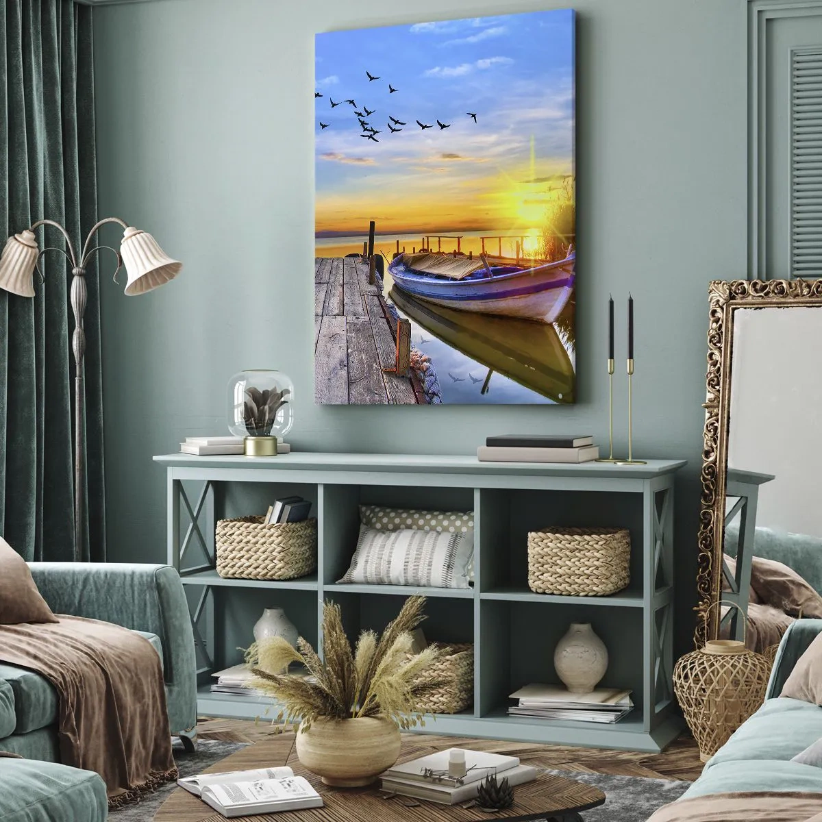 Bild auf Leinwand - Leinwandbild - Ein Boot an einem Holzsteg bei Sonnenuntergang - 50x70cm - Bis morgen - Moderne Wanddekoration für Wohnzimmer und Schlafzimmer ARTTOR