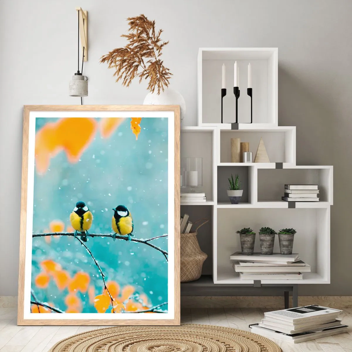 Poster in einem Rahmen aus heller Eiche - Vogelklatsch - 50x70 cm