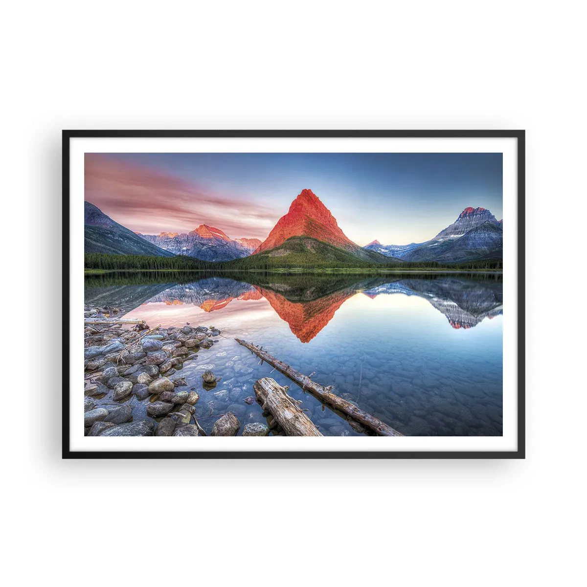 Poster in einem schwarzem Rahmen - Ein Berg, der sich bei Sonnenuntergang in einem See spiegelt - 100x70cm - Hitze und Kälte - Moderne Wanddekoration für Wohnzimmer und Schlafzimmer ARTTOR