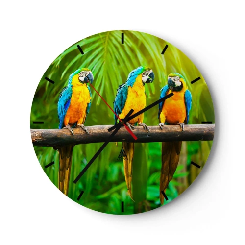Wanduhr - Glasuhr - Drei Ara-Papageien auf einem Ast in tropischer Umgebung - 30x30cm - Und hast du gehört, dass sie ...? - Moderne Wanddekoration für Wohnzimmer, Küche und Schlafzimmer ARTTOR