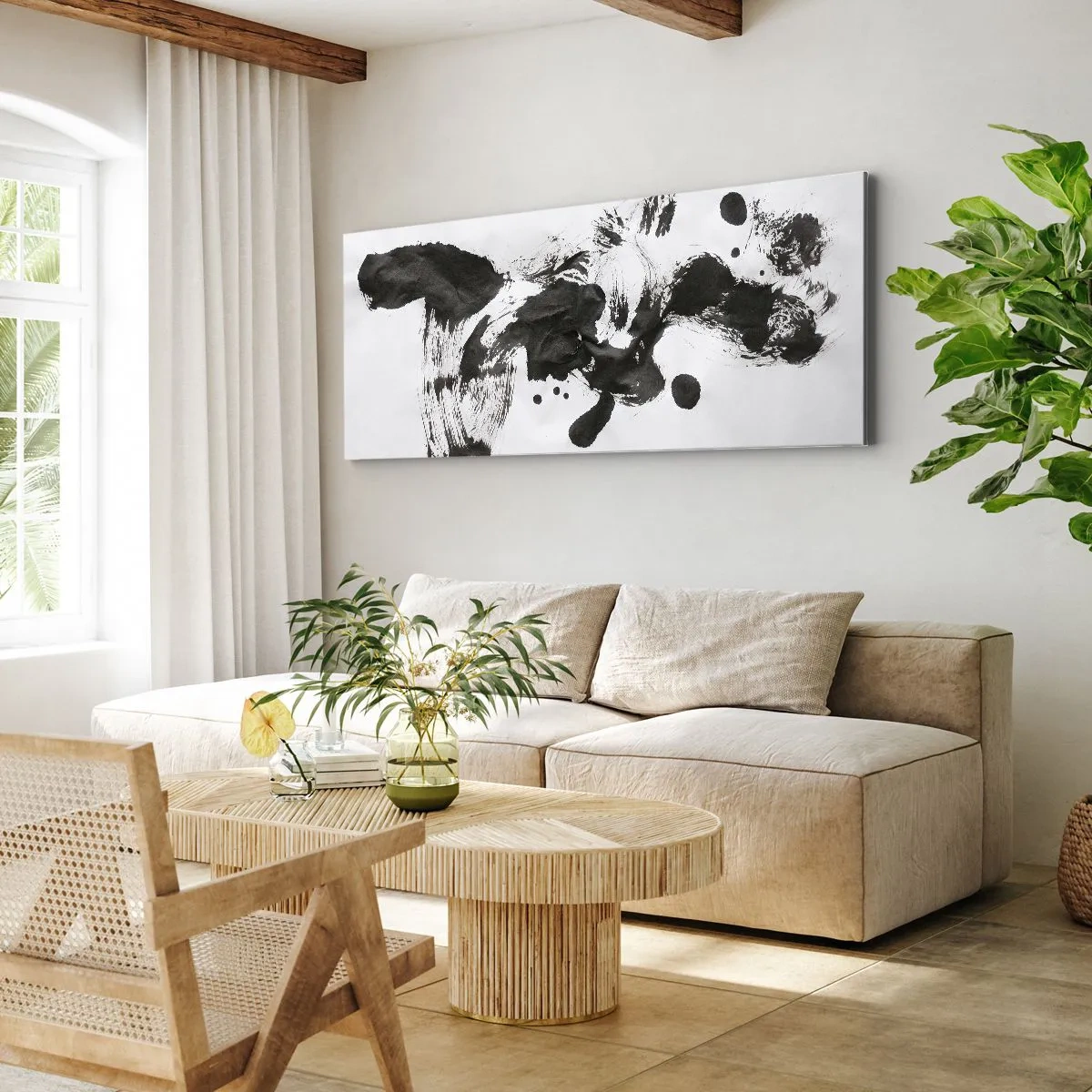Bild auf Leinwand - Leinwandbild - Abstrakte Komposition aus schwarzen Flecken auf weißem Hintergrund - 120x50cm - Obwohl das Wahnsinn ist, steckt darin eine Methode? - Moderne Wanddekoration für Wohnzimmer und Schlafzimmer ARTTOR