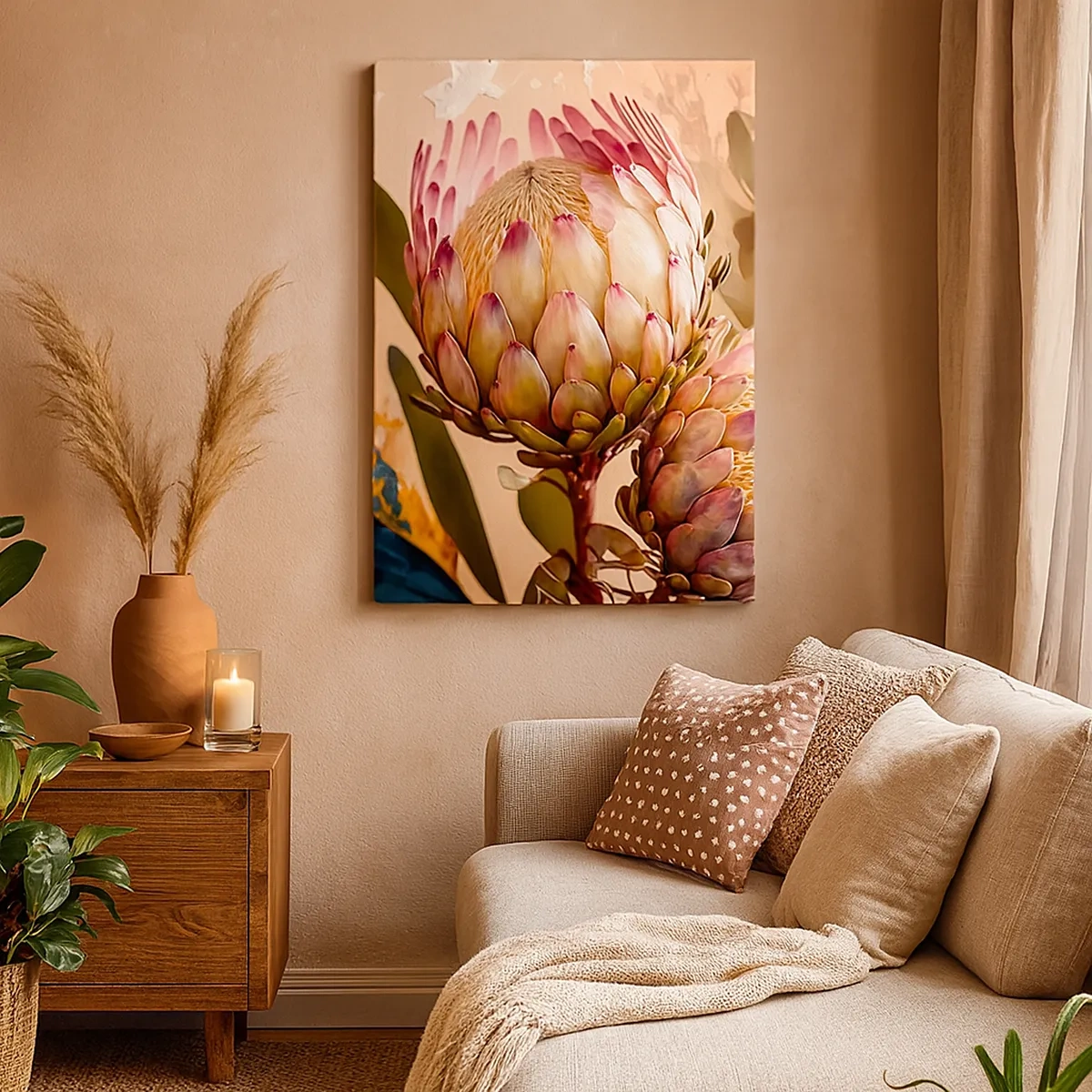 Bild auf Leinwand - Leinwandbild - Bunte Protea-Blüten auf zartem Hintergrund - 50x70cm - Zärtlich umarmt - Moderne Wanddekoration für Wohnzimmer und Schlafzimmer ARTTOR