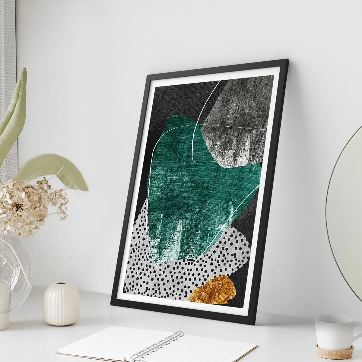 Poster in einem schwarzem Rahmen - Bunte Abstraktion mit Blattgold - 70x100 cm