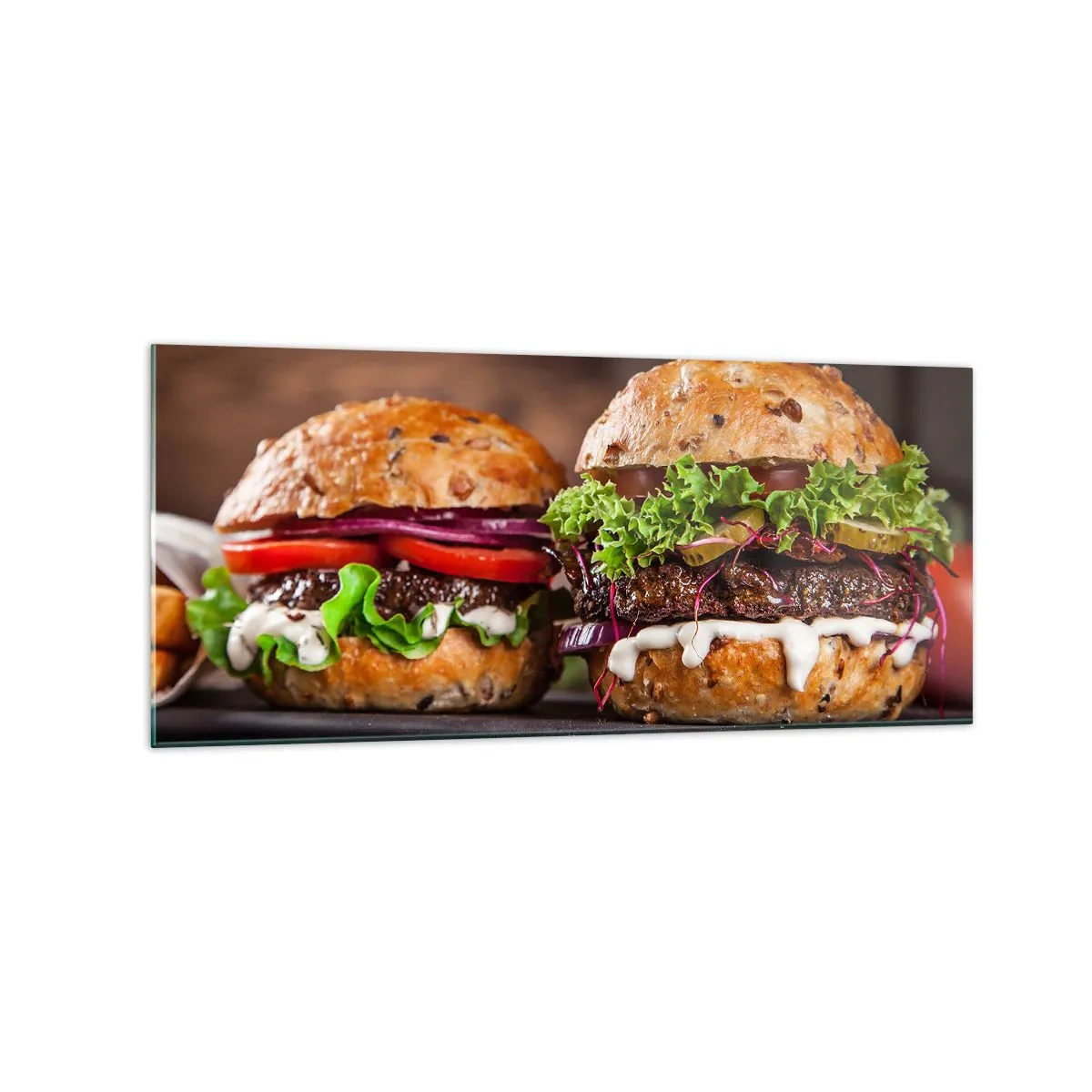Glasbild - Bild auf glas - Appetitliche Burger mit Gemüse und Sauce - 120x50cm - Amerikanischer Traum - Moderne Wanddekoration für Wohnzimmer und Schlafzimmer ARTTOR