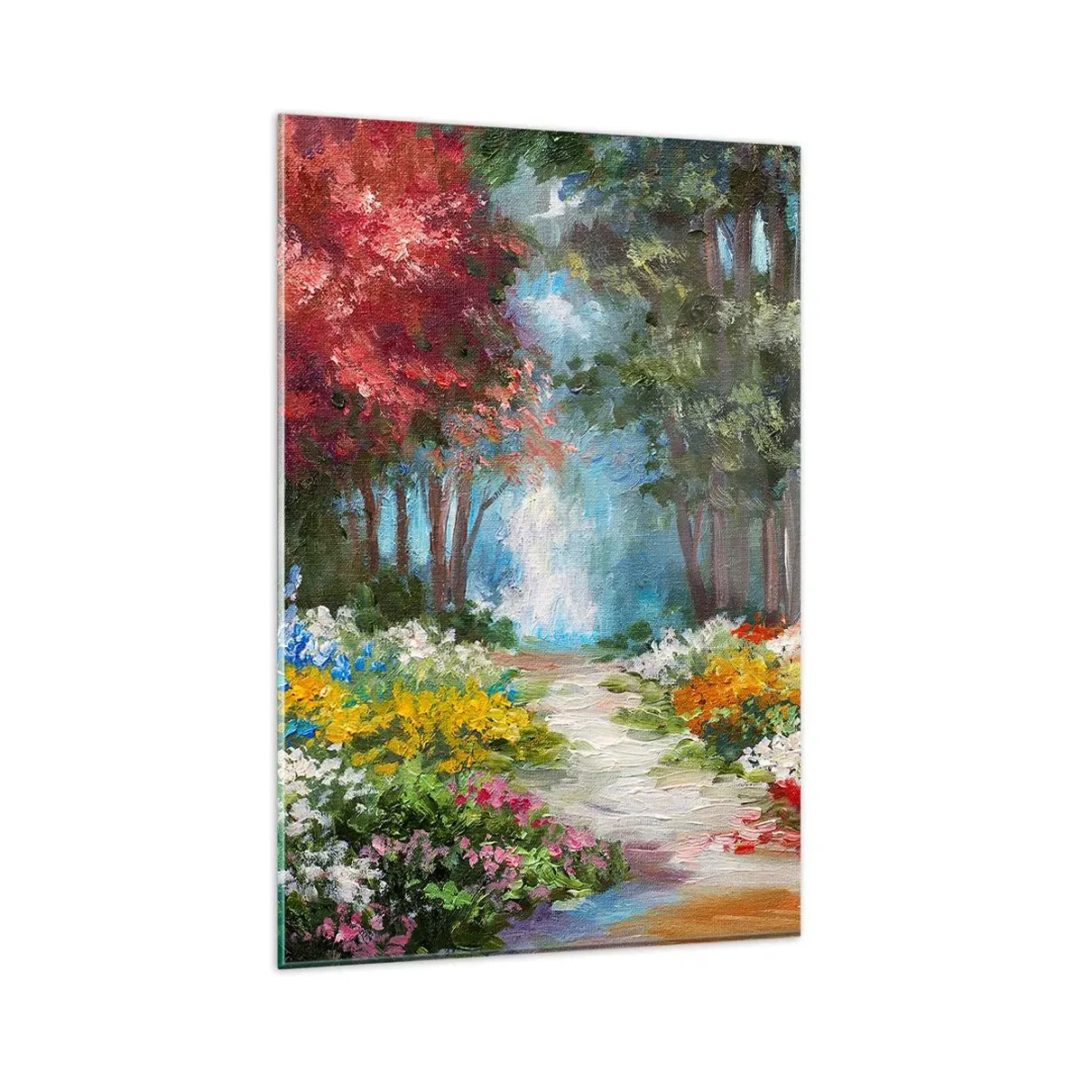 Glasbild - Bild auf glas - Ein malerischer Garten voller bunter Blumen und Bäume in einer Waldumgebung - 80x120cm - Waldgarten, Blumenwald - Moderne Wanddekoration für Wohnzimmer und Schlafzimmer ARTTOR