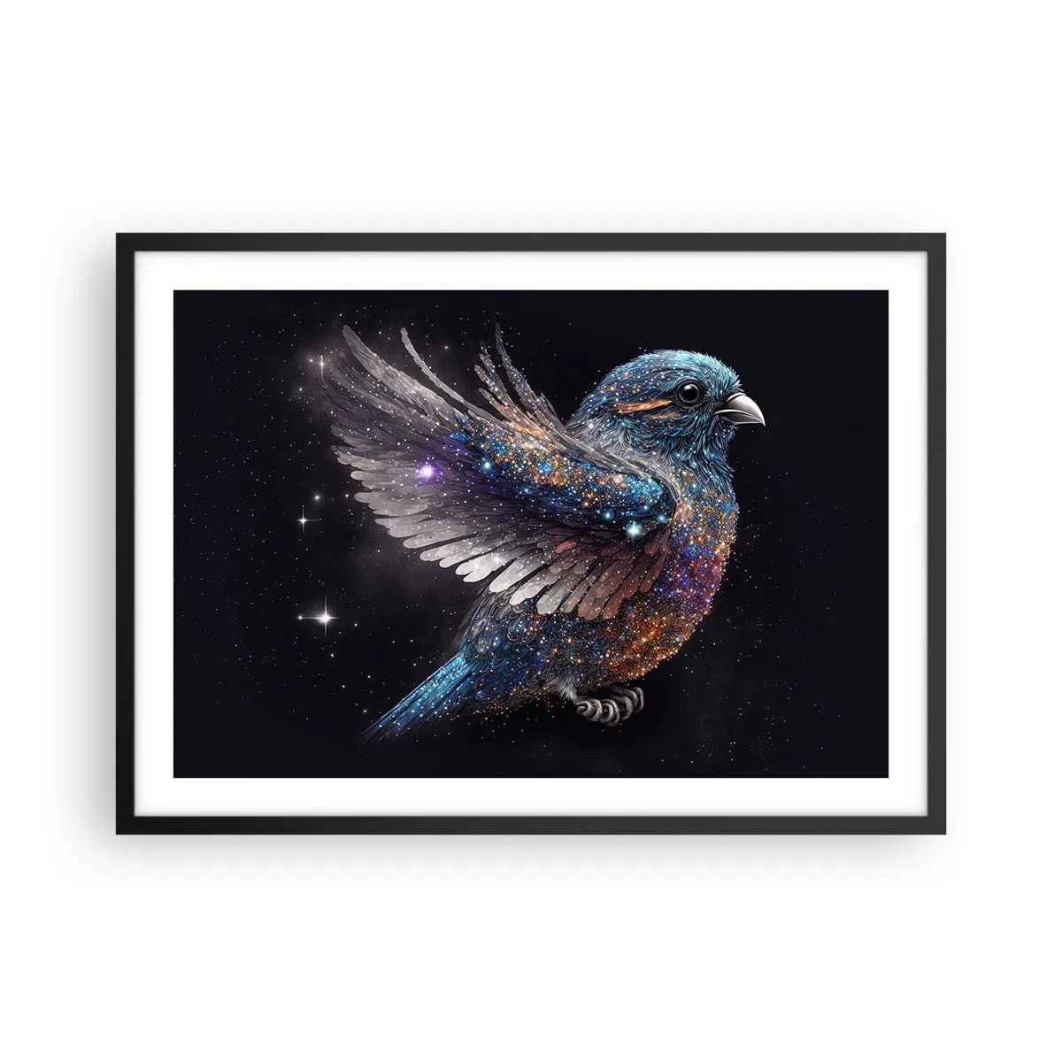 Poster in einem schwarzem Rahmen - Ein Spatz im Space-Age-Stil mit Diamantglanz - 70x50cm - Diamantsperling - Moderne Wanddekoration für Wohnzimmer und Schlafzimmer ARTTOR