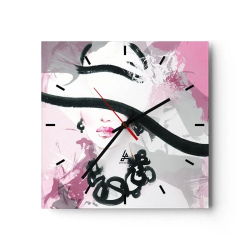 Wanduhr - Glasuhr - Bildnis einer Dame in Schwarz und Pink - 40x40 cm
