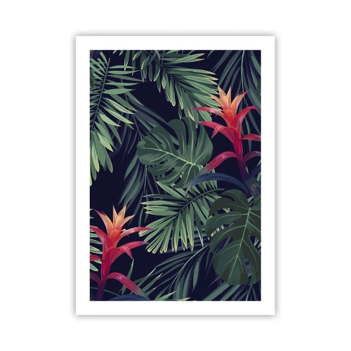 Poster - Tropische Blätter und Blüten auf dunklem Hintergrund - 50x70cm - Im Grünen in Flammen gehen - Moderne Wanddekoration für Wohnzimmer und Schlafzimmer ARTTOR