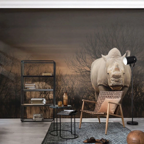 Fototapete Premium Sand - Weiß gegen die Natur - Nashorn, Tiere, Afrika - 500x350 cm