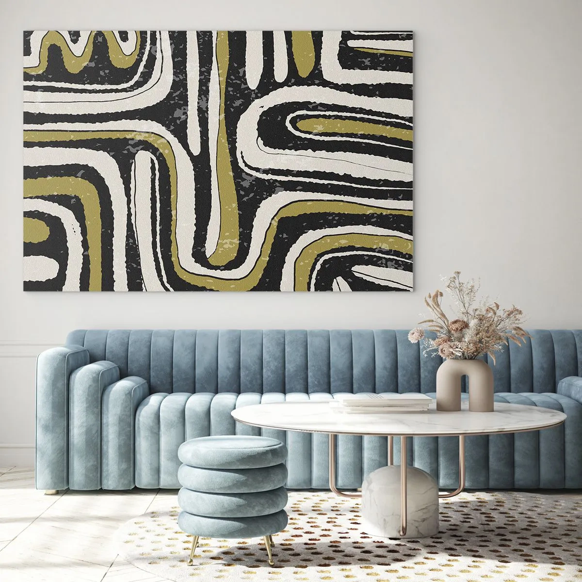 Glasbild - Bild auf glas - Abstrakte Muster in Schwarz, Weiß und Gold - 70x50cm - Komposition: Straßen und Gassen - Moderne Wanddekoration für Wohnzimmer und Schlafzimmer ARTTOR