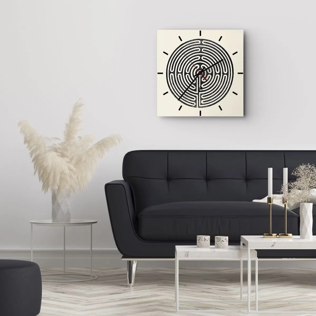 Wanduhr - Glasuhr - Schwarz-weißes kreisförmiges Labyrinth auf hellem Hintergrund - 30x30cm - Geheimnisvolle Ordnung - Moderne Wanddekoration für Wohnzimmer und Schlafzimmer ARTTOR