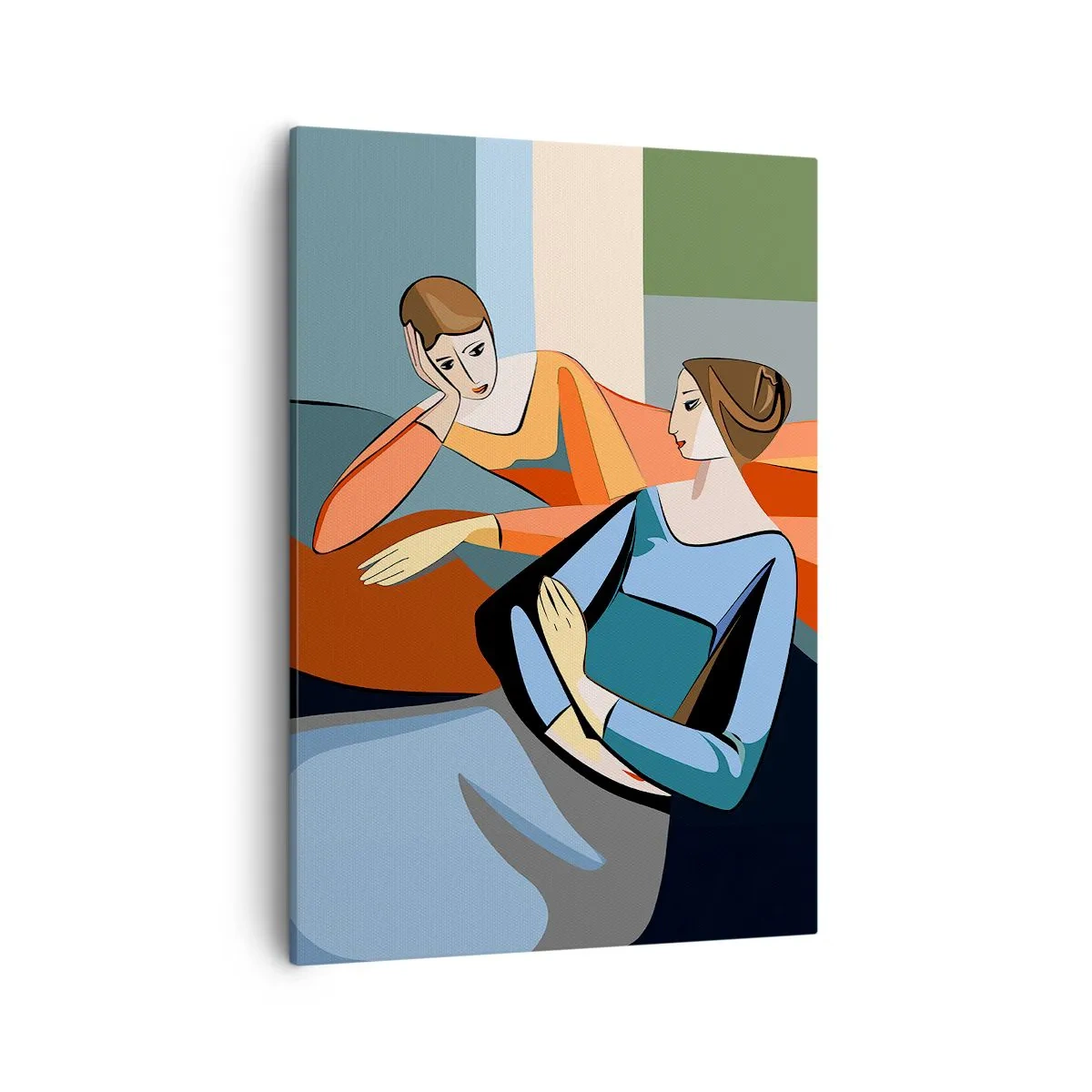Bild auf Leinwand - Leinwandbild - Abstrakte Darstellung zweier Frauen im kubistischen Stil - 50x70cm - Moment der Zuversicht - Moderne Wanddekoration für Wohnzimmer und Schlafzimmer ARTTOR