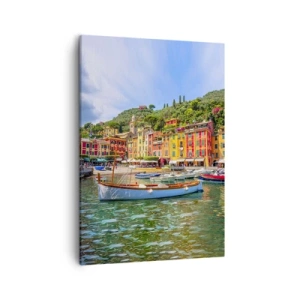 Bild auf Leinwand - Leinwandbild - Bunte Stadthäuser und Boote in einer italienischen Küstenstadt - 50x70cm - Italienischer Morgen - Moderne Wanddekoration für Wohnzimmer und Schlafzimmer ARTTOR