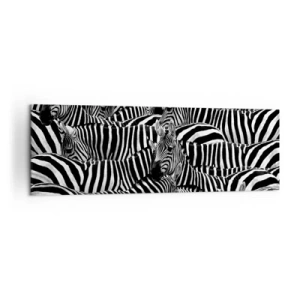Bild auf Leinwand - Leinwandbild - Eine Gruppe Zebras mit schwarzen und weißen Streifen, die ein symmetrisches Muster bilden. - 160x50cm - Gestreiftes Gruppenportrait - Moderne Wanddekoration für Wohnzimmer und Schlafzimmer ARTTOR