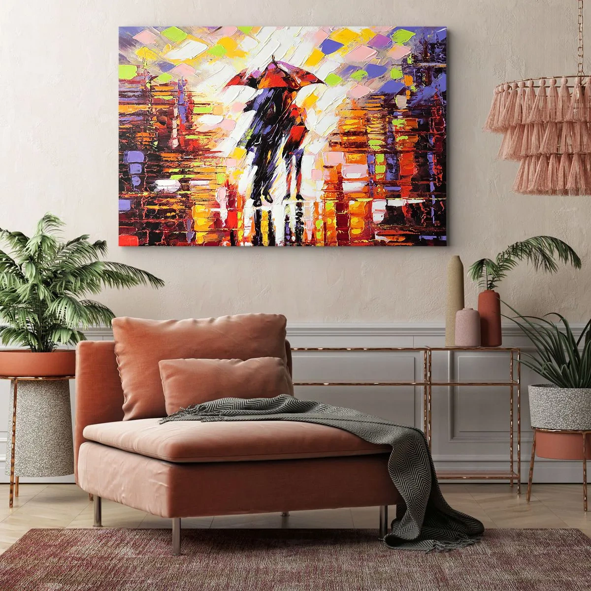 Bild auf Leinwand - Leinwandbild - Eine abstrakte Szene eines Spaziergangs unter einem Regenschirm in einer regnerischen Nacht. - 120x80cm - Gemeinsam durch die Nacht und den Regen - Moderne Wanddekoration für Wohnzimmer und Schlafzimmer ARTTOR