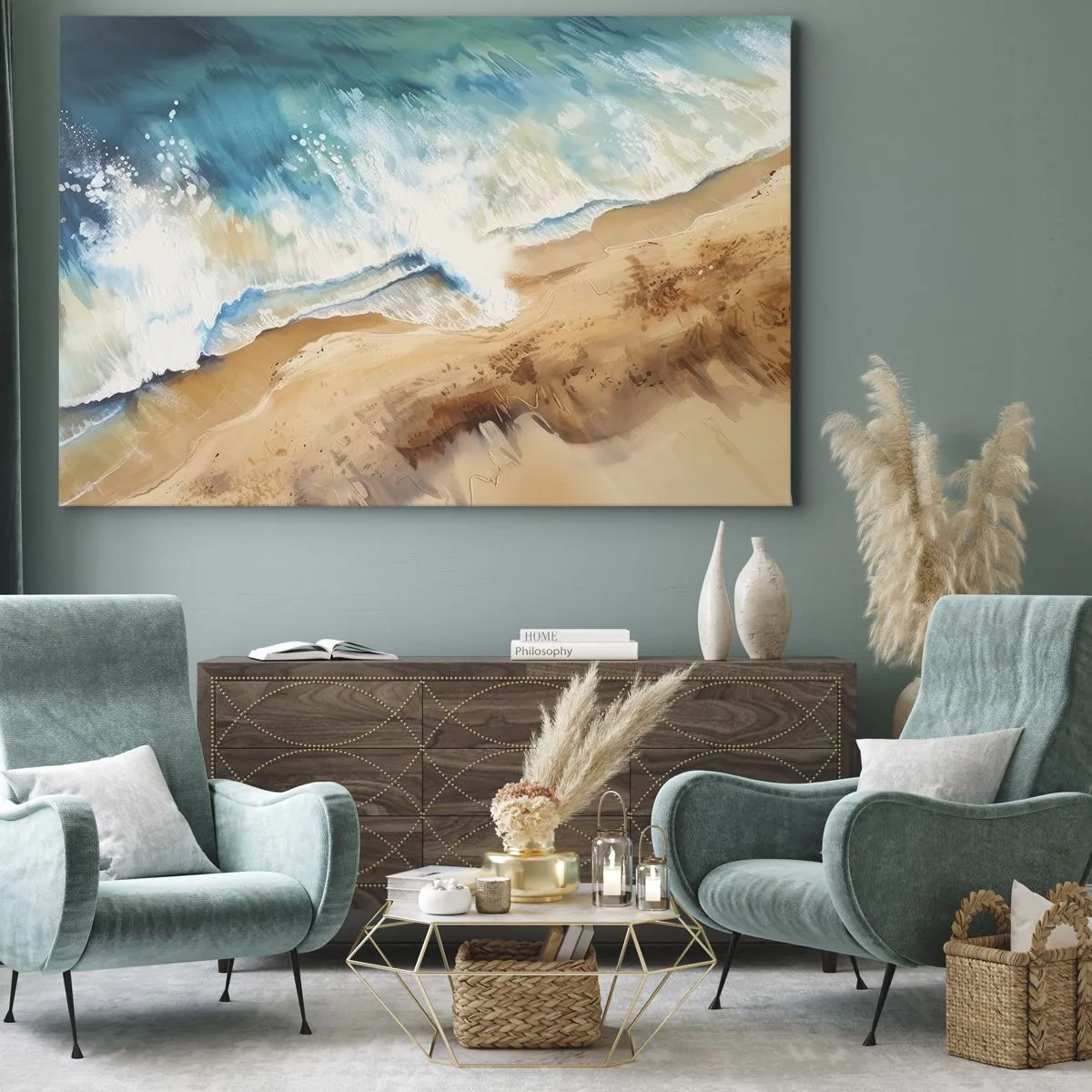 Bild auf Leinwand - Leinwandbild - Eine Meereswelle, die gegen den Sandstrand prallt - 70x50cm - Zurückkehrende Welle - Moderne Wanddekoration für Wohnzimmer und Schlafzimmer ARTTOR