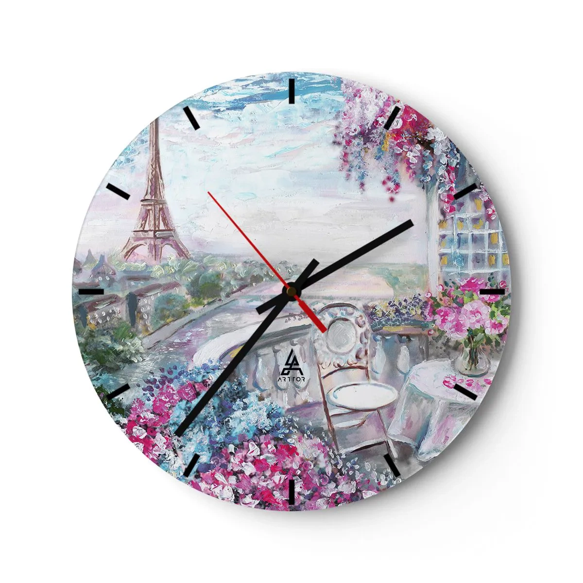 Wanduhr - Glasuhr - Malerischer Blick auf den Eiffelturm von der blumengeschmückten Terrasse - 30x30cm - Am schönsten ist es hier im Mai - Moderne Wanddekoration für Wohnzimmer, Küche und Schlafzimmer ARTTOR