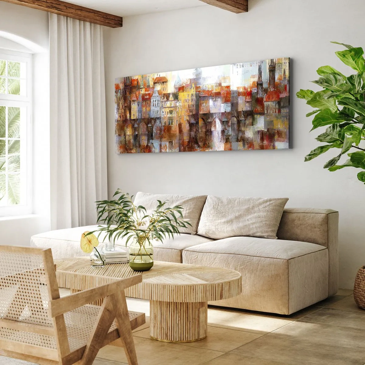 Bild auf Leinwand - Leinwandbild - Ein malerisches Panorama der Stadt mit einer Brücke in Herbstfarben - 120x50cm - Schön ist es auch unter der Brücke - Moderne Wanddekoration für Wohnzimmer und Schlafzimmer ARTTOR