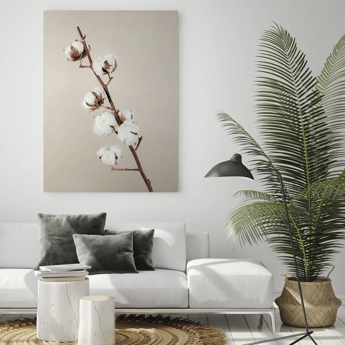 Glasbild - Bild auf glas - Ein Baumwollzweig auf hellem, minimalistischem Hintergrund - 50x70cm - An der Quelle der Weichheit - Moderne Wanddekoration für Wohnzimmer und Schlafzimmer ARTTOR