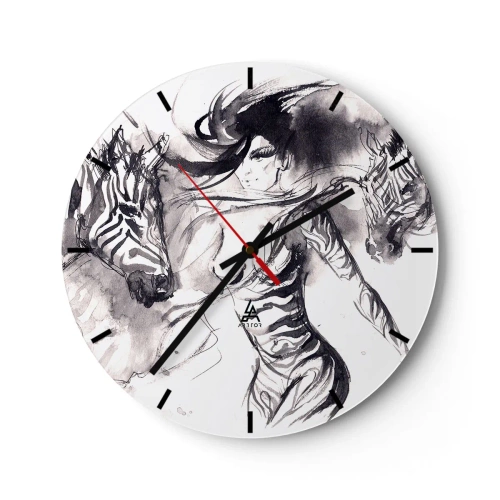 Wanduhr - Glasuhr - Eine Frau in einer künstlerischen Form tanzt mit zwei versammelten Menschen - 30x30cm - Tanzen mit den Zebras - Moderne Wanddekoration für Wohnzimmer, Küche und Schlafzimmer ARTTOR