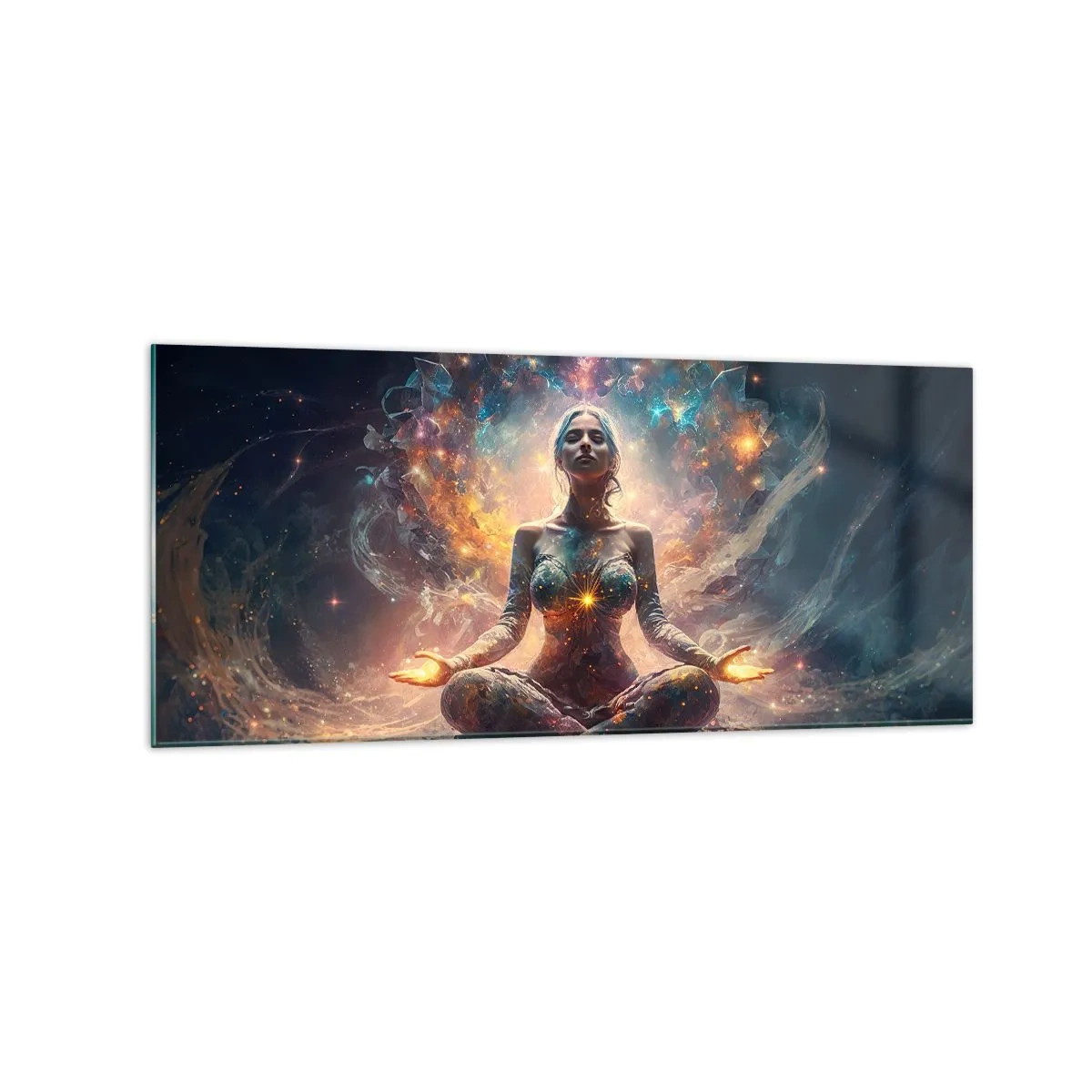 Glasbild - Bild auf glas - Eine meditierende Figur, umgeben von energetischen Mustern und Farben. - 120x50cm - Fluss guter Energie - Moderne Wanddekoration für Wohnzimmer und Schlafzimmer ARTTOR