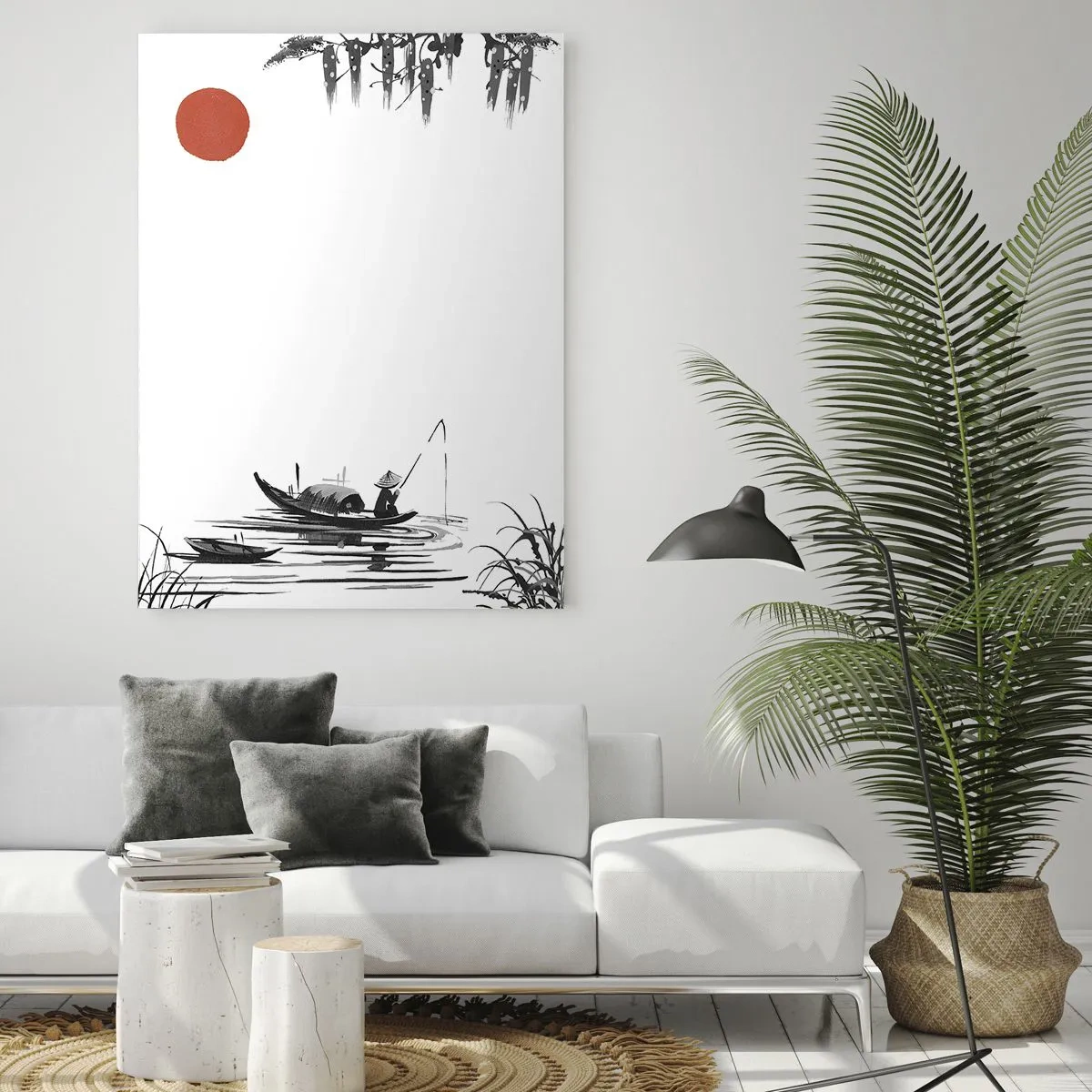 Glasbild - Bild auf glas - Traditionelles Fischerboot auf einem Fluss mit einer roten Sonne - 50x70cm - Asiatischer Nachmittag - Moderne Wanddekoration für Wohnzimmer und Schlafzimmer ARTTOR