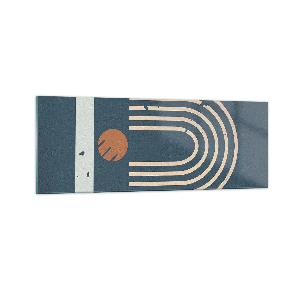 Glasbild - Bild auf glas - Geometrisches Muster in Marineblau-, Beige- und Orangetönen auf dunklem Hintergrund - 140x50cm - Geometrie auf dem Granatapfel - Moderne Wanddekoration für Wohnzimmer und Schlafzimmer ARTTOR