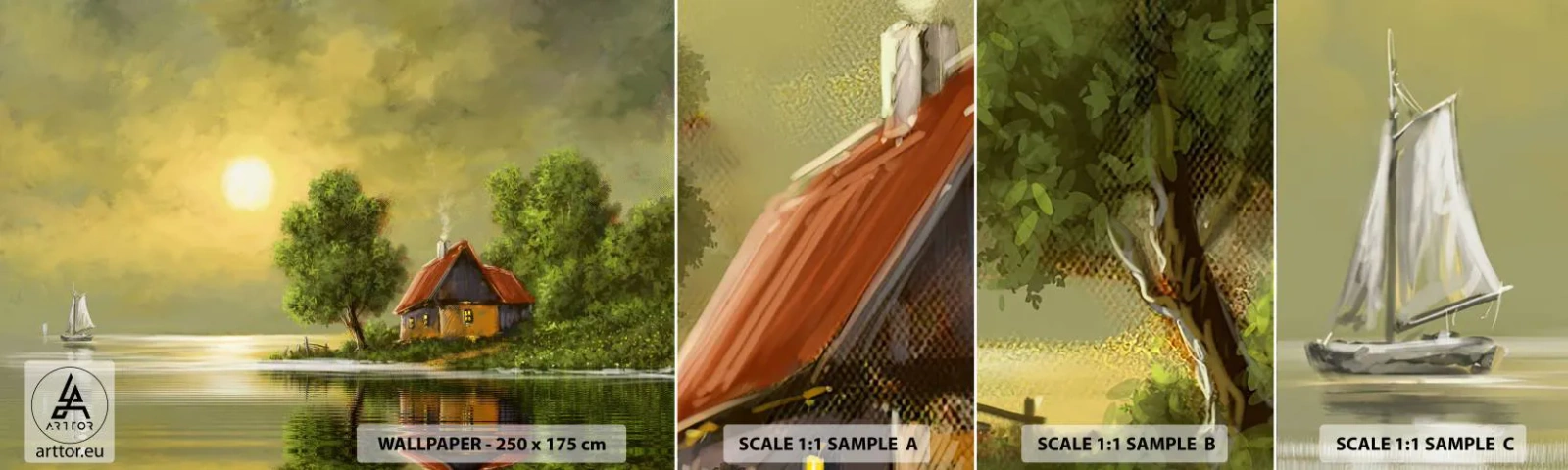 Fototapeten Muster Selbstklebend Deluxe Sticker - Schön, wie ein Bild - Landschaft, Landhaus, Segelboot - 100x30 cm