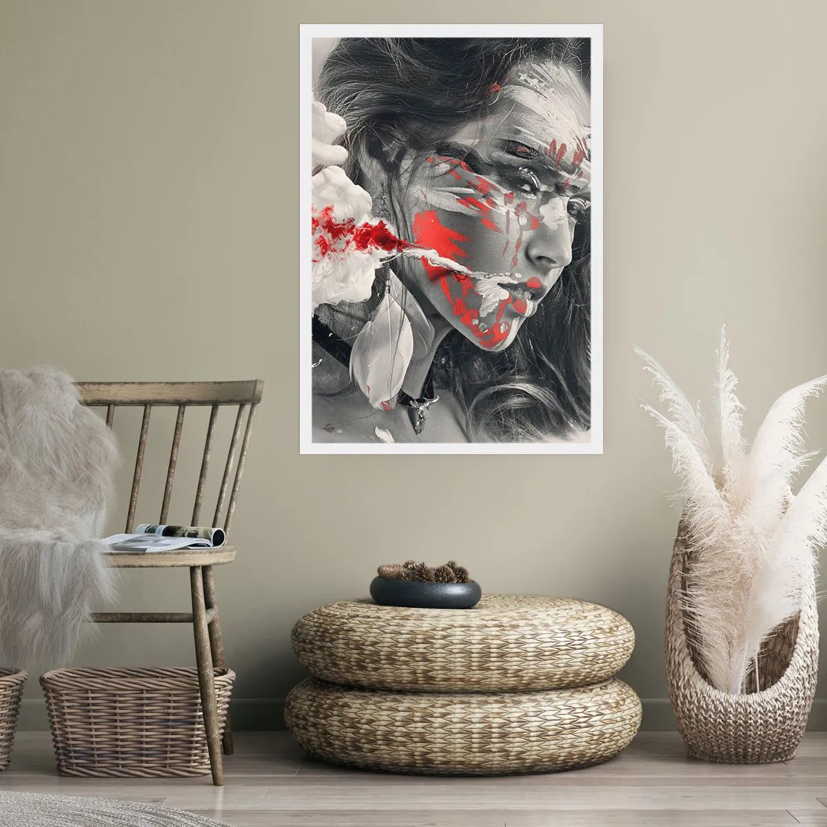 Poster - Künstlerisches Portrait mit rotem Akzent - 50x70cm - Im Dunst der Absurdität - Moderne Wanddekoration für Wohnzimmer und Schlafzimmer ARTTOR