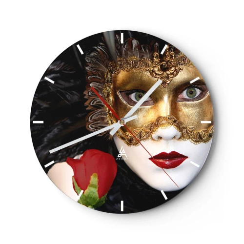 Wanduhr - Glasuhr - Goldene venezianische Maske mit einer roten Rose - 30x30cm - Denn das Leben ist ein großer Ball - Moderne Wanddekoration für Wohnzimmer, Küche und Schlafzimmer ARTTOR