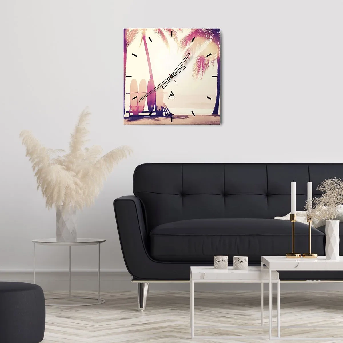 Wanduhr - Glasuhr - Palmen und Surfbretter am Strand im Sonnenschein - 30x30cm - Es wird ein toller Tag - Moderne Wanddekoration für Wohnzimmer und Schlafzimmer ARTTOR