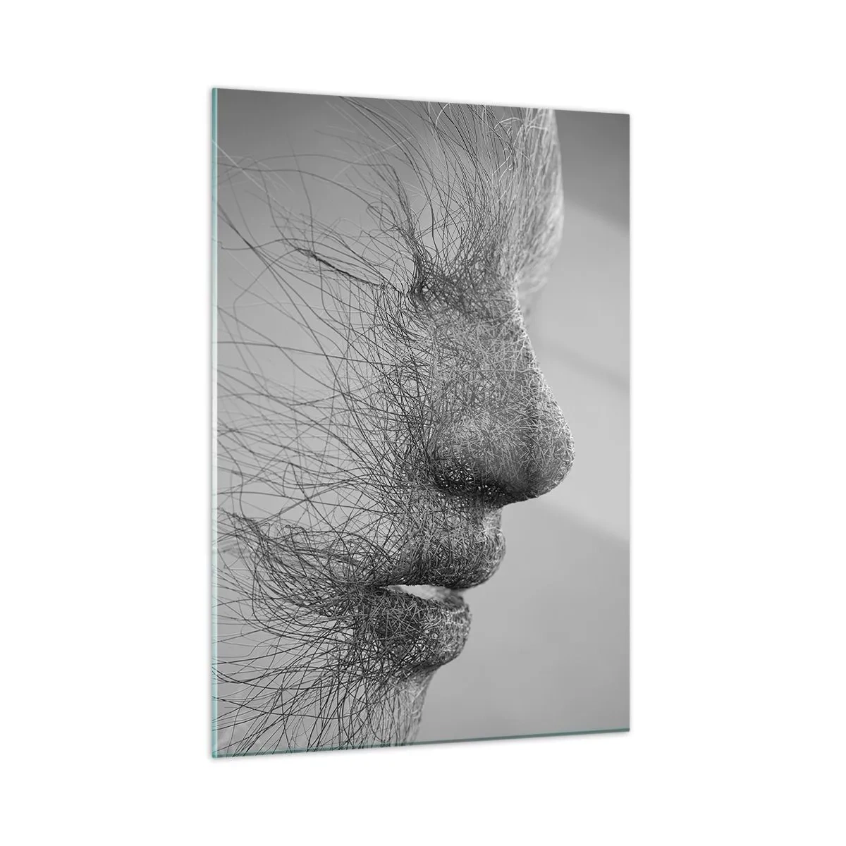 Glasbild - Bild auf glas - Schwarz-weißes abstraktes Gesichtsprofil mit Linien - 50x70cm - Der Geist des Windes - Moderne Wanddekoration für Wohnzimmer und Schlafzimmer ARTTOR