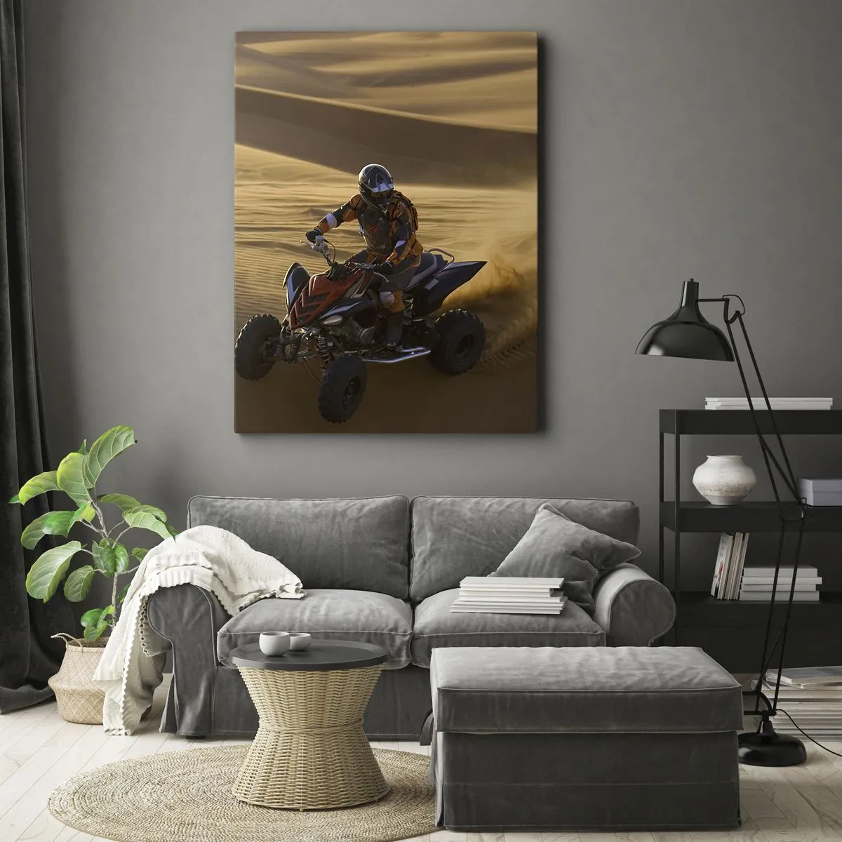 Bild auf Leinwand - Leinwandbild - Ein Motorradfahrer auf einem Quad rast über die Sanddünen der Wüste - 50x70cm - Auf den Sandwellen - Moderne Wanddekoration für Wohnzimmer und Schlafzimmer ARTTOR