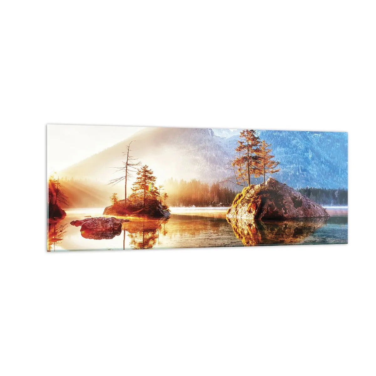 Glasbild - Bild auf glas - Ein See mit Inseln und Bergen im Hintergrund bei Sonnenaufgang - 140x50cm - Natur in neuem Licht - Moderne Wanddekoration für Wohnzimmer und Schlafzimmer ARTTOR