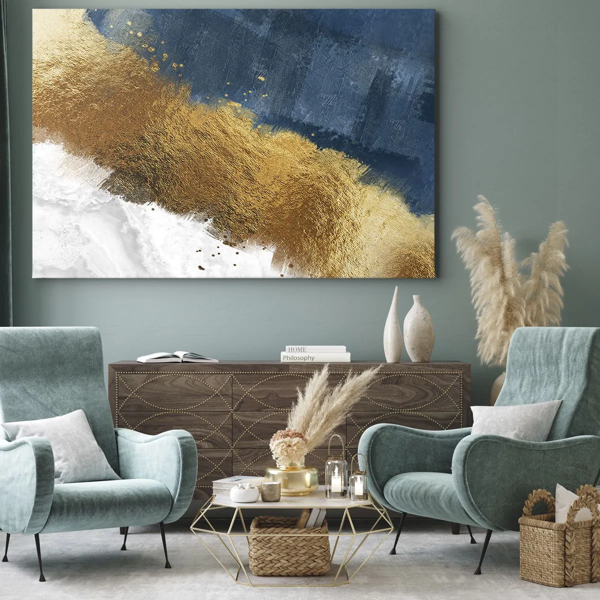 Bild auf Leinwand - Leinwandbild - Eine abstrakte Komposition in Gold-, Blau- und Weißtönen. - 120x80cm - Farben des Sommers - Moderne Wanddekoration für Wohnzimmer und Schlafzimmer ARTTOR
