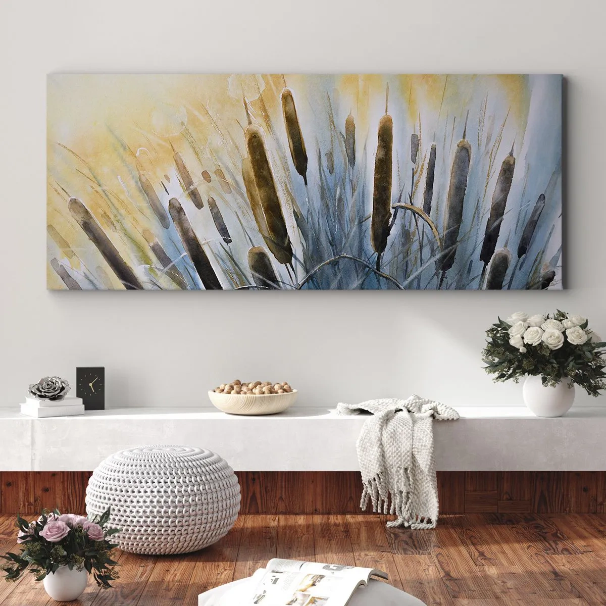 Bild auf Leinwand - Leinwandbild - Malerisches Schilf in den Sonnenstrahlen - 120x50cm - Die Kälte des Wassers, die Hitze der Sonne - Moderne Wanddekoration für Wohnzimmer und Schlafzimmer ARTTOR