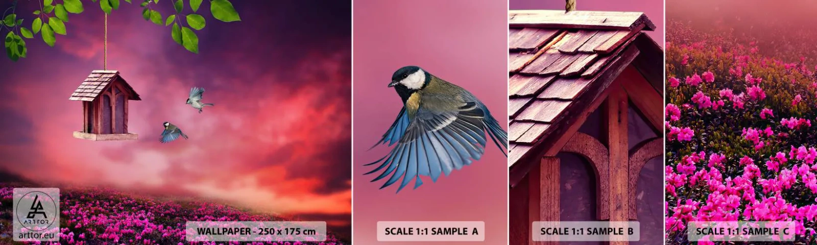 Fototapeten Muster Selbstklebend Deluxe Sticker - Einladung zum Abendessen - Landschaft, Blumen, Vogelhaus - 100x30 cm