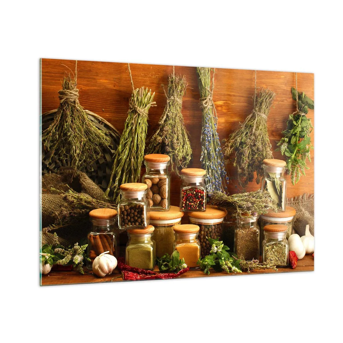 Glasbild - Bild auf glas - Kräuter und Gewürze in Gläsern auf einem hölzernen Hintergrund - 100x70cm - Küchenzauber - Moderne Wanddekoration für Wohnzimmer und Schlafzimmer ARTTOR