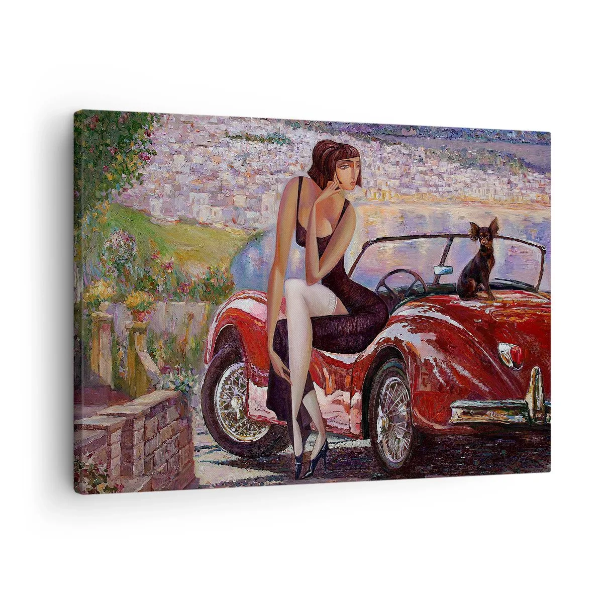 Bild auf Leinwand - Leinwandbild - Eine Frau neben einem roten Auto mit einer Stadt im Hintergrund - 70x50cm - Sommer? Nur an der Riviera - Moderne Wanddekoration für Wohnzimmer und Schlafzimmer ARTTOR
