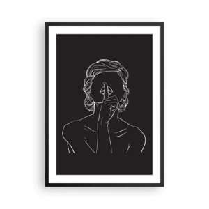 Poster in einem schwarzem Rahmen - Eine minimalistische Illustration einer Frau, die vor einem schwarzen Hintergrund eine Schweigegeste macht. - 50x70cm - Schönheit erblüht in der Stille - Moderne Wanddekoration für Wohnzimmer und Schlafzimmer ARTTOR