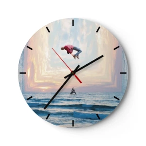 Wanduhr - Glasuhr - Eine springende Figur am Meer in einer surrealen Landschaft - 30x30cm - In eine andere Dimension - Moderne Wanddekoration für Wohnzimmer, Küche und Schlafzimmer ARTTOR