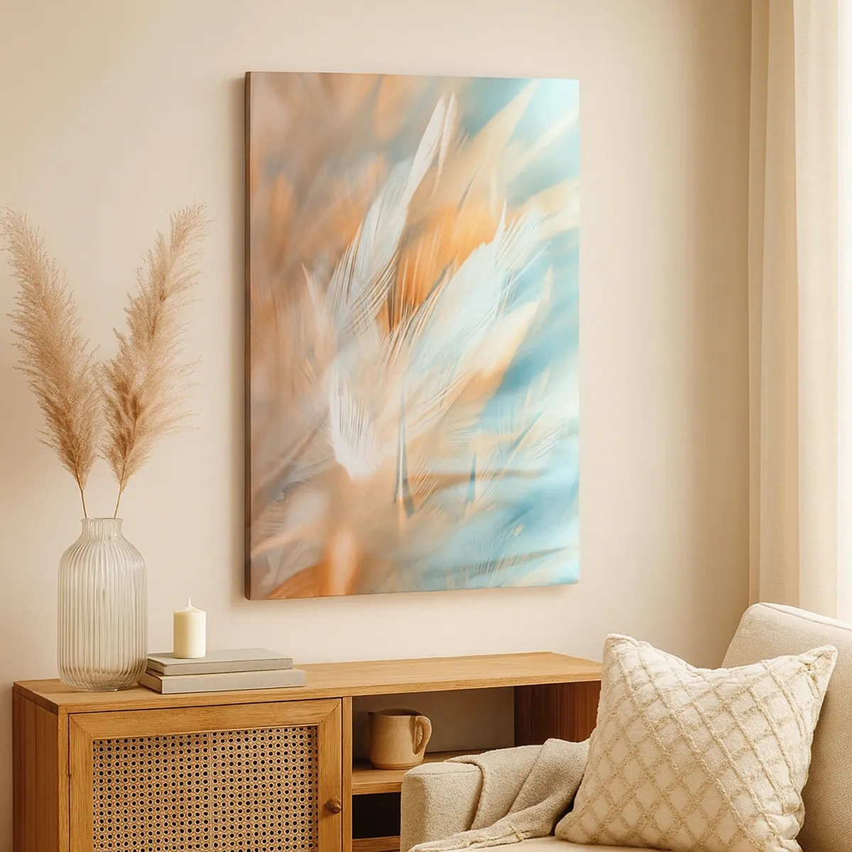 Bild auf Leinwand - Leinwandbild - Zarte Federn in Pastelltönen von Blau und Orange - 50x70cm - Im Land der Sanftmut - Moderne Wanddekoration für Wohnzimmer und Schlafzimmer ARTTOR
