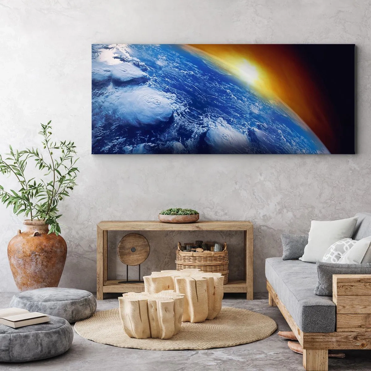 Bild auf Leinwand - Leinwandbild - Sonnenaufgang über dem blauen Planeten - 90x30 cm