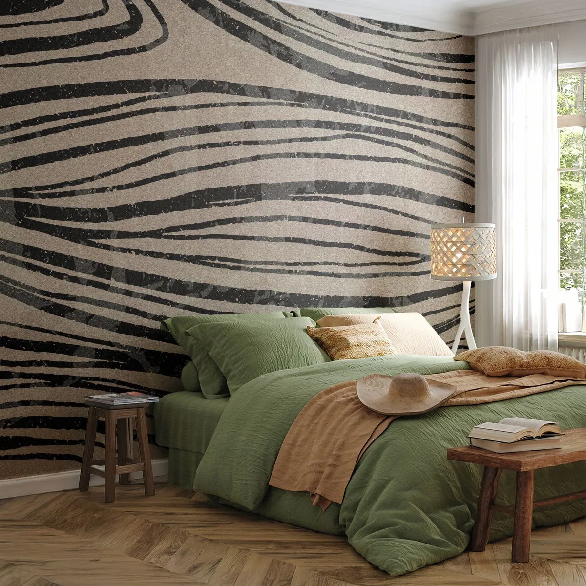 Fototapete Premium Sand - Abstrakte Linien in Schwarztönen auf beigem Hintergrund - 100x70cm - Linienpool - Moderne Wanddekoration für Wohnzimmer und Schlafzimmer ARTTOR