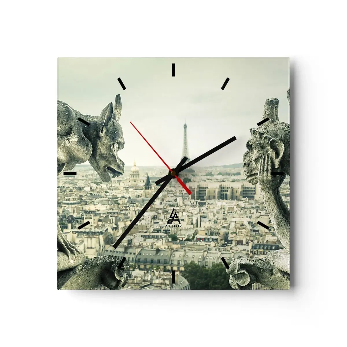 Wanduhr - Glasuhr - Wasserspeier mit Blick auf die Skyline von Paris und den Eiffelturm - 30x30cm - Pariser Plaudern - Moderne Wanddekoration für Wohnzimmer und Schlafzimmer ARTTOR