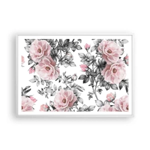 Poster in einem weißen Rahmen - Verliere dich in den Blüten der Rosen - 100x70 cm