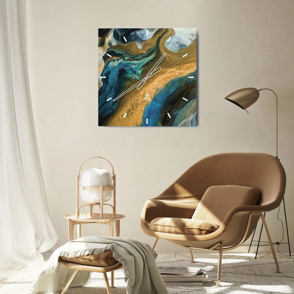 Wanduhr - Glasuhr - Abstrakte Wellen in Gold- und Blautönen - 30x30cm - Blau - Gelb - gegenseitige Beeinflussung - Moderne Wanddekoration für Wohnzimmer und Schlafzimmer ARTTOR