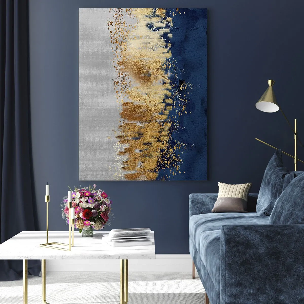 Glasbild - Bild auf glas - Eine abstrakte Komposition in Gold- und Marineblautönen. - 80x120cm - Moderne Komposition mit Glanz - Moderne Wanddekoration für Wohnzimmer und Schlafzimmer ARTTOR