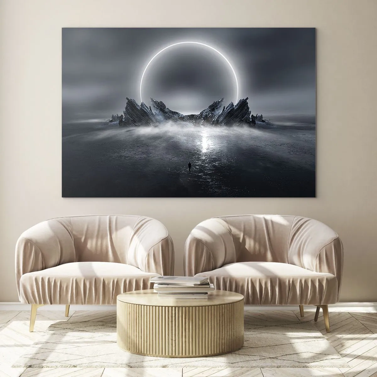 Glasbild - Bild auf glas - Dunkle Szene mit Sonnenfinsternis und felsiger Insel - 70x50cm - Ende der Geschichte - Moderne Wanddekoration für Wohnzimmer und Schlafzimmer ARTTOR